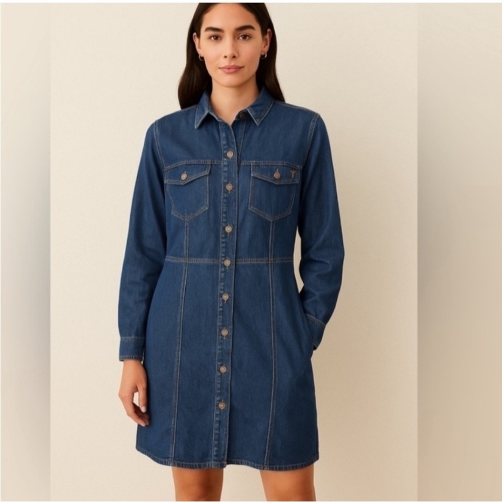 FRYE NWOT Women’s Denim Button Front Dress, Chest & Side Pockets 😍 - Picture 4 of 7